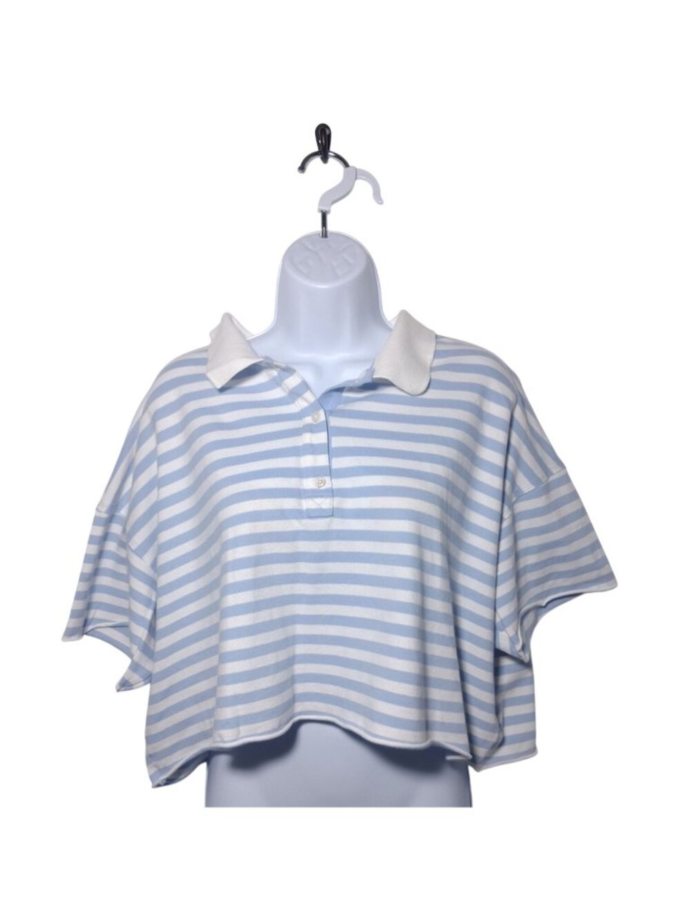 Striped Blue & White Cropped Polo Shirt With Short Sleeves & Collared Neckline